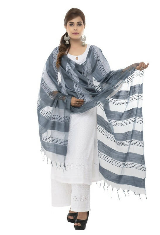 Gray cotton dupatta with intricate Payal design detail draped over a shoulder