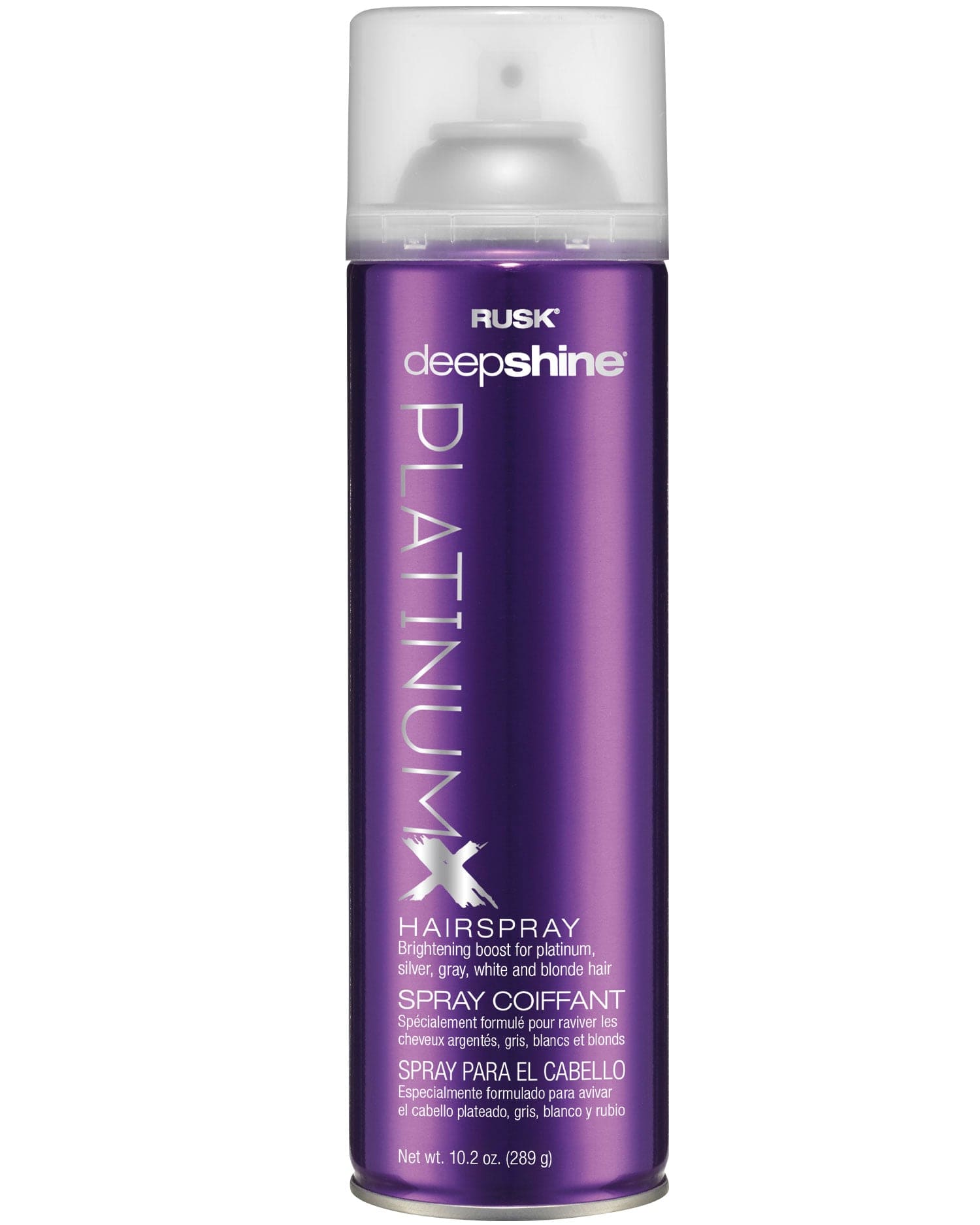 A 10.2 oz bottle of Rusk Deepshine PlatinumX Hairspray for long-lasting, high-shine hold.