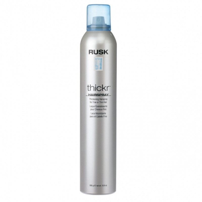 RUSK Thickr Thickening Hairspray in silver and blue bottle, 10.6oz