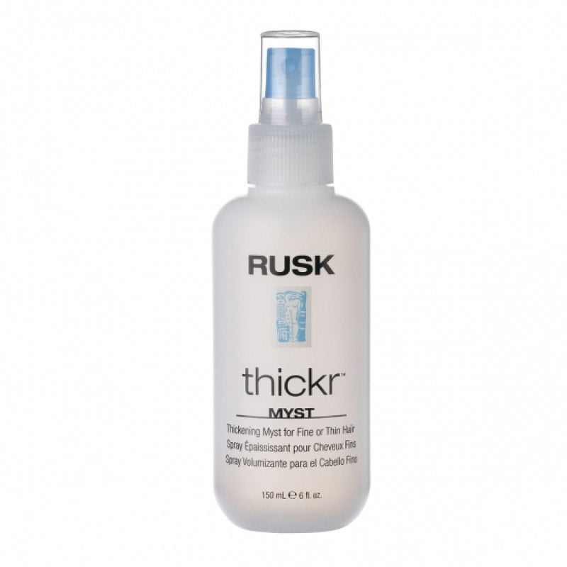 A 6oz bottle of RUSK Thickr Thickening Mist for fine and limp hair