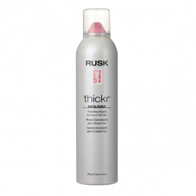 8oz bottle of RUSK Thickr Thickening Mousse for volume and texture.