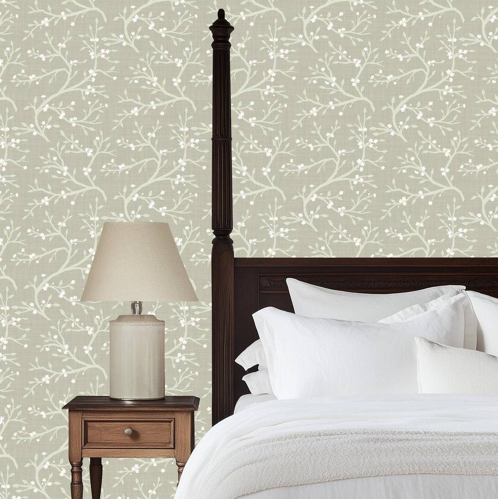 Russ Floral Wallpaper in Sage Green and Off-White Botanical Print