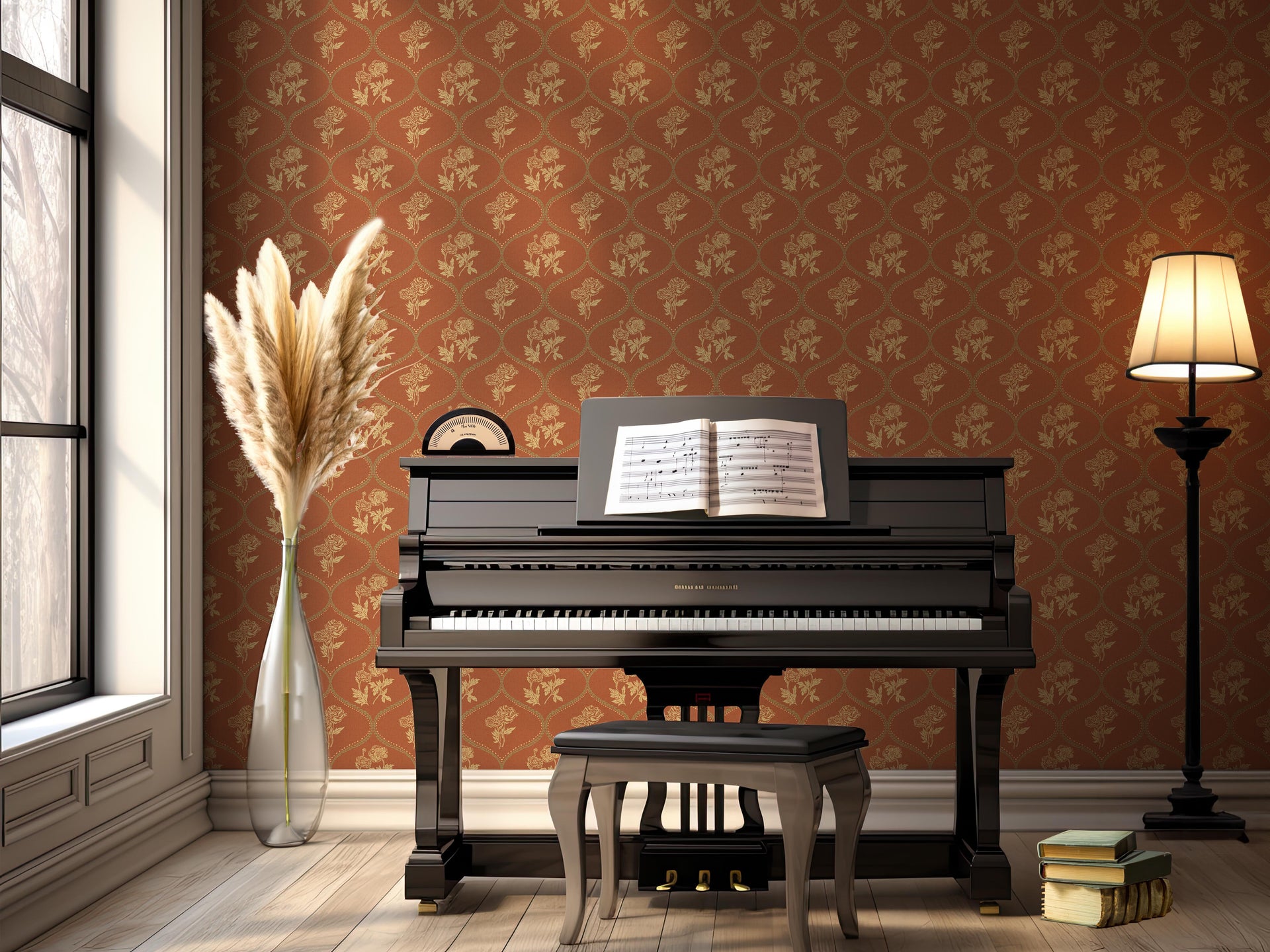 Avenly Vintage Floral Wallpaper, Sage-Green and Terracotta