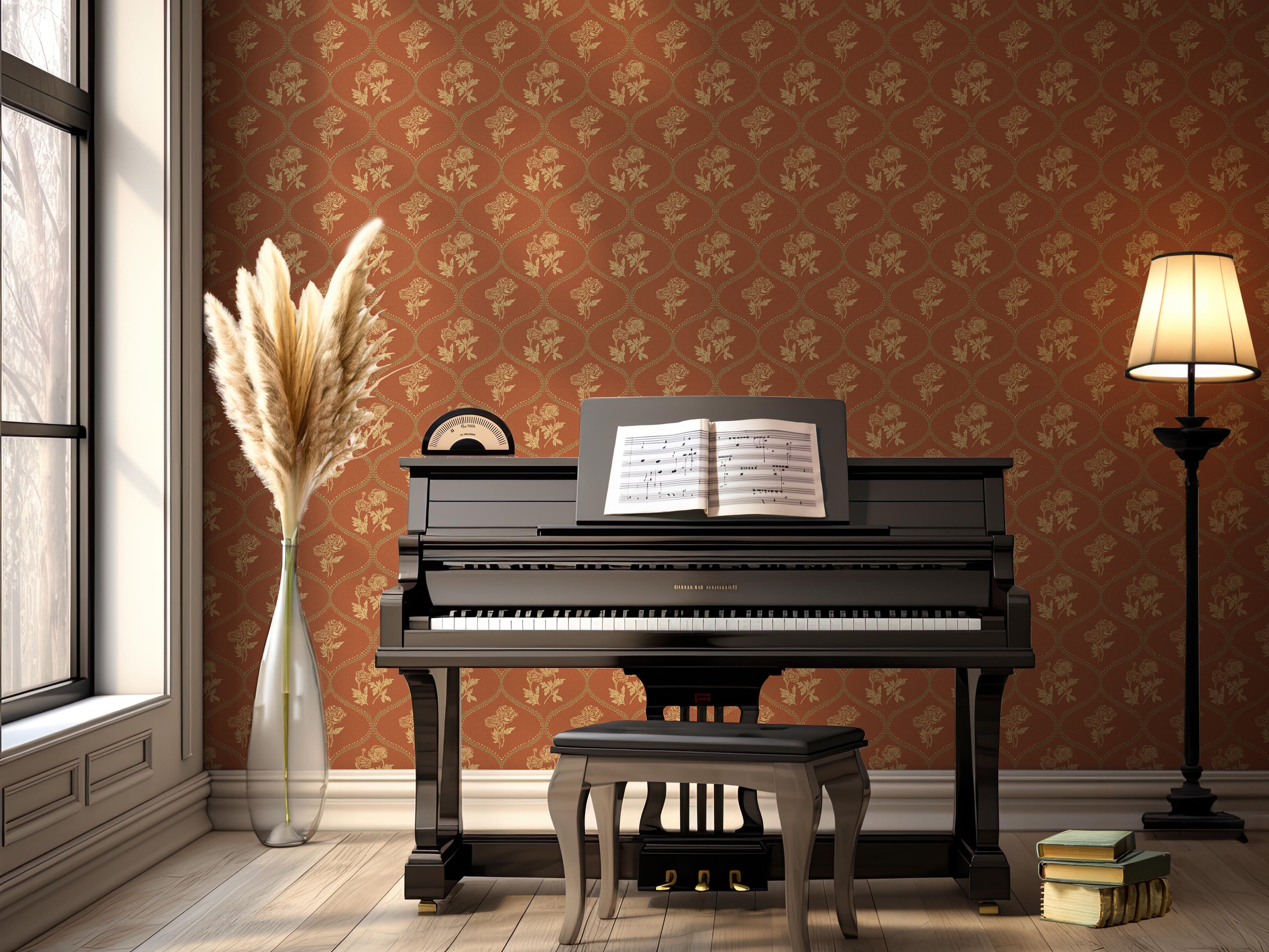 Avenly Vintage Floral Wallpaper, Sage-Green and Terracotta