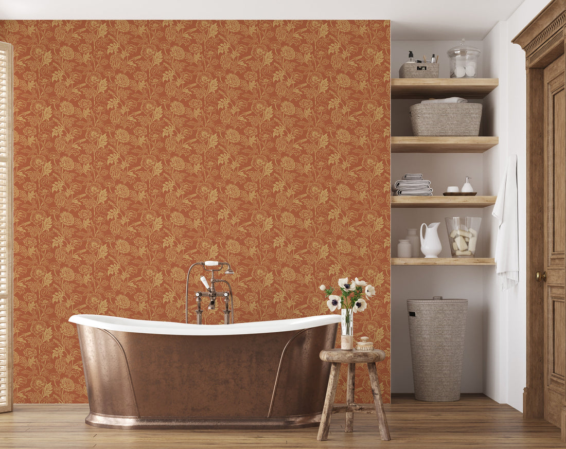 Camila Floral Wallpaper, Dark-Green, Gold and Terracotta
