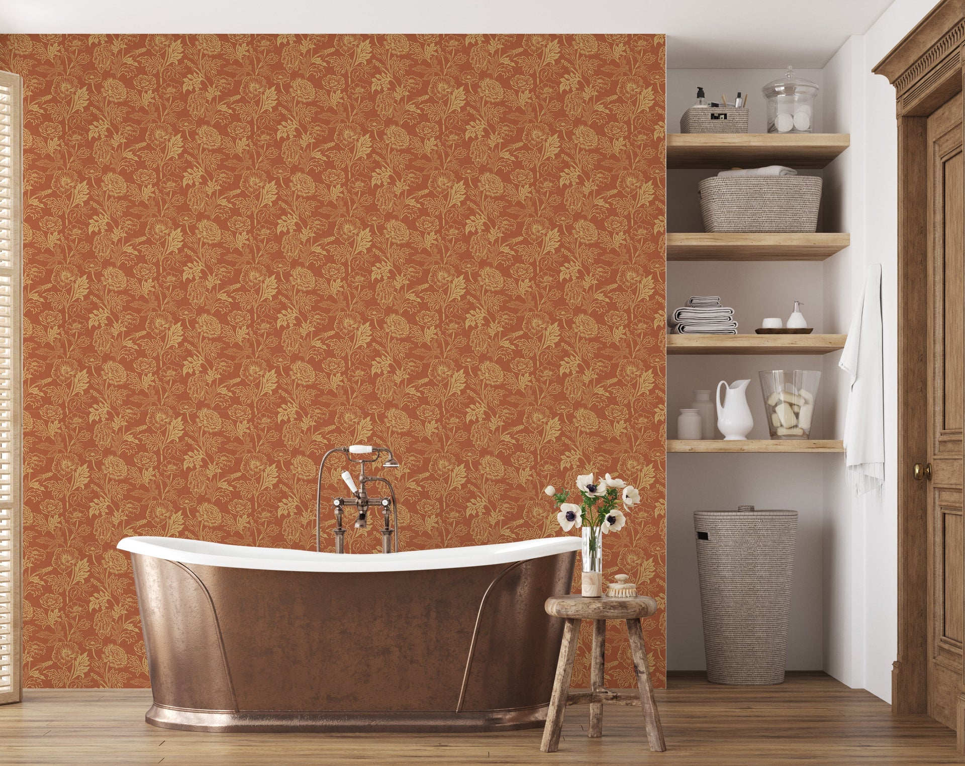 Camila Floral Wallpaper, Dark-Green, Gold and Terracotta