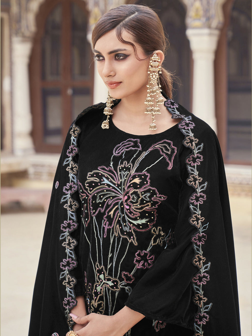 Black Velvet Straight Kurta Set with Resham Thread, Jari & Sequin
