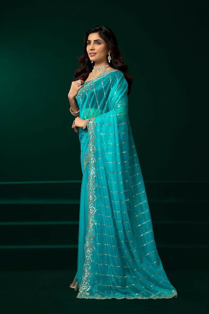 Turquoise Blue Net Party Wear Saree with Black Velvet Blouse