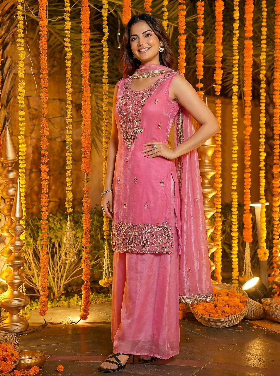 Pink Silk Embroidered Sharara Set with Stitched Kurti