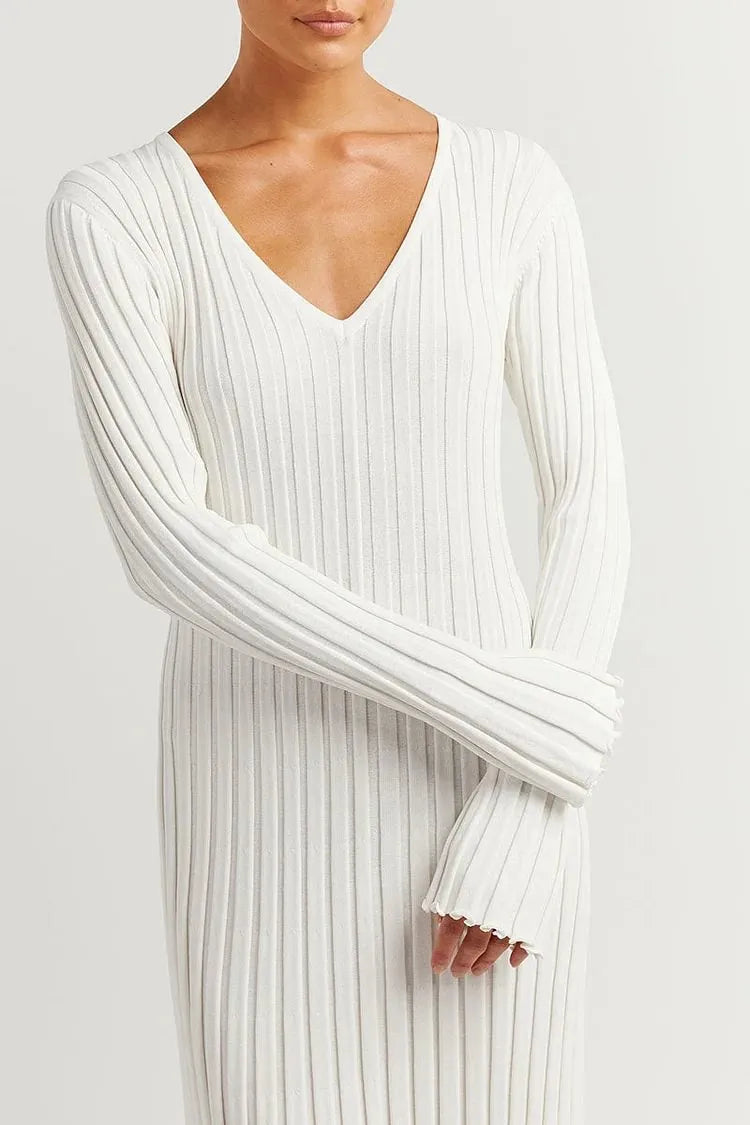 Women's Ribbed Knit Long Sleeve V-Neck Maxi Dress - Image 14