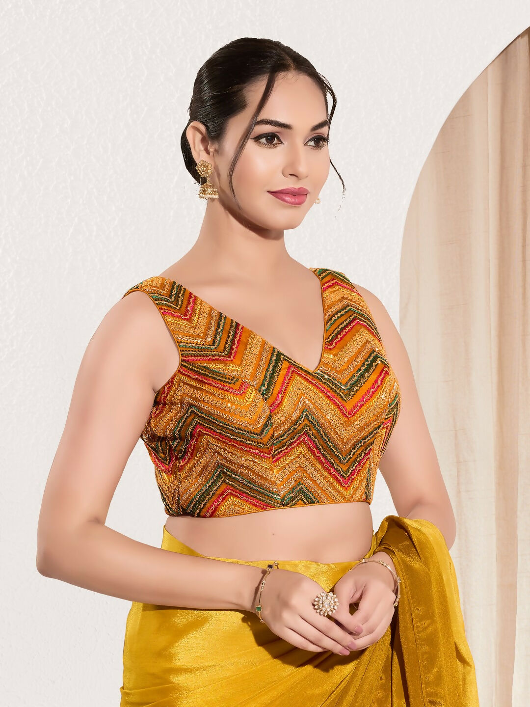 Mustard Net V-Neck Sleeveless Padded Blouse