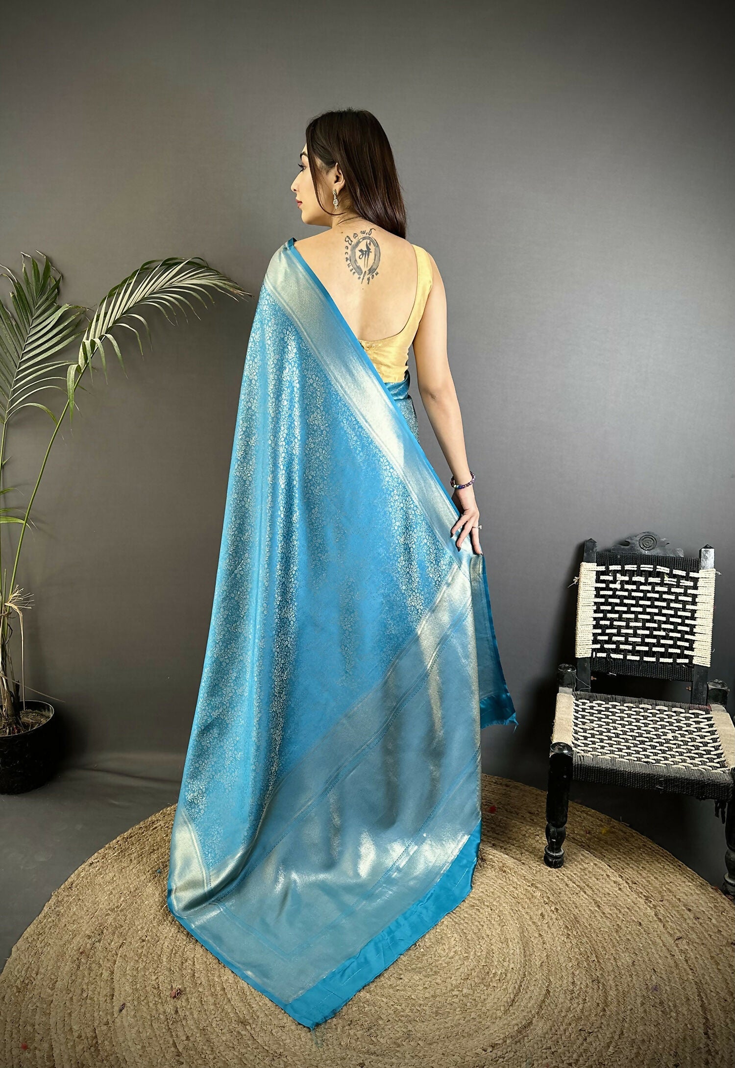 Ocean Blue Floral Motif Soft Satin Silk Kanchipuram Saree