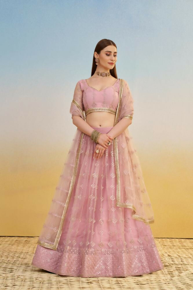 Pink Butterfly Net Lehenga with Tone-to-Tone Thread Work