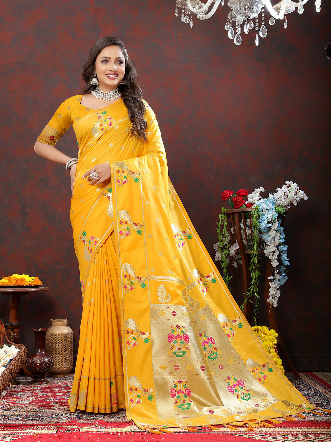 Gold Soft Paithani Silk Saree with Gold Zari Meenakari Weaving