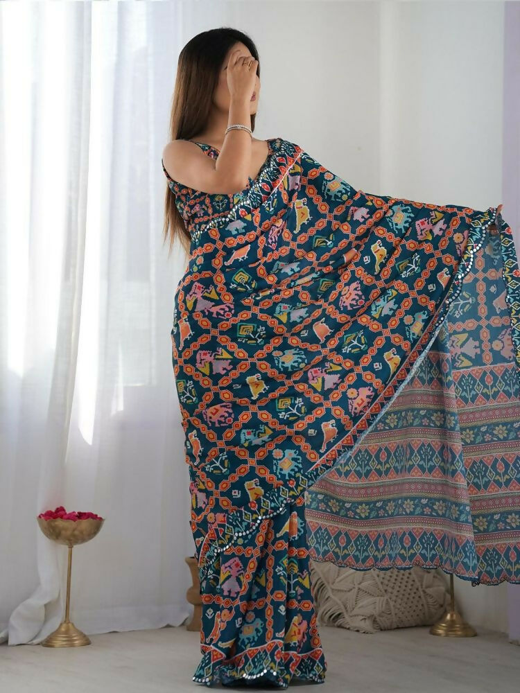 Dark Blue Georgette Digital Print Saree with Mirror Work