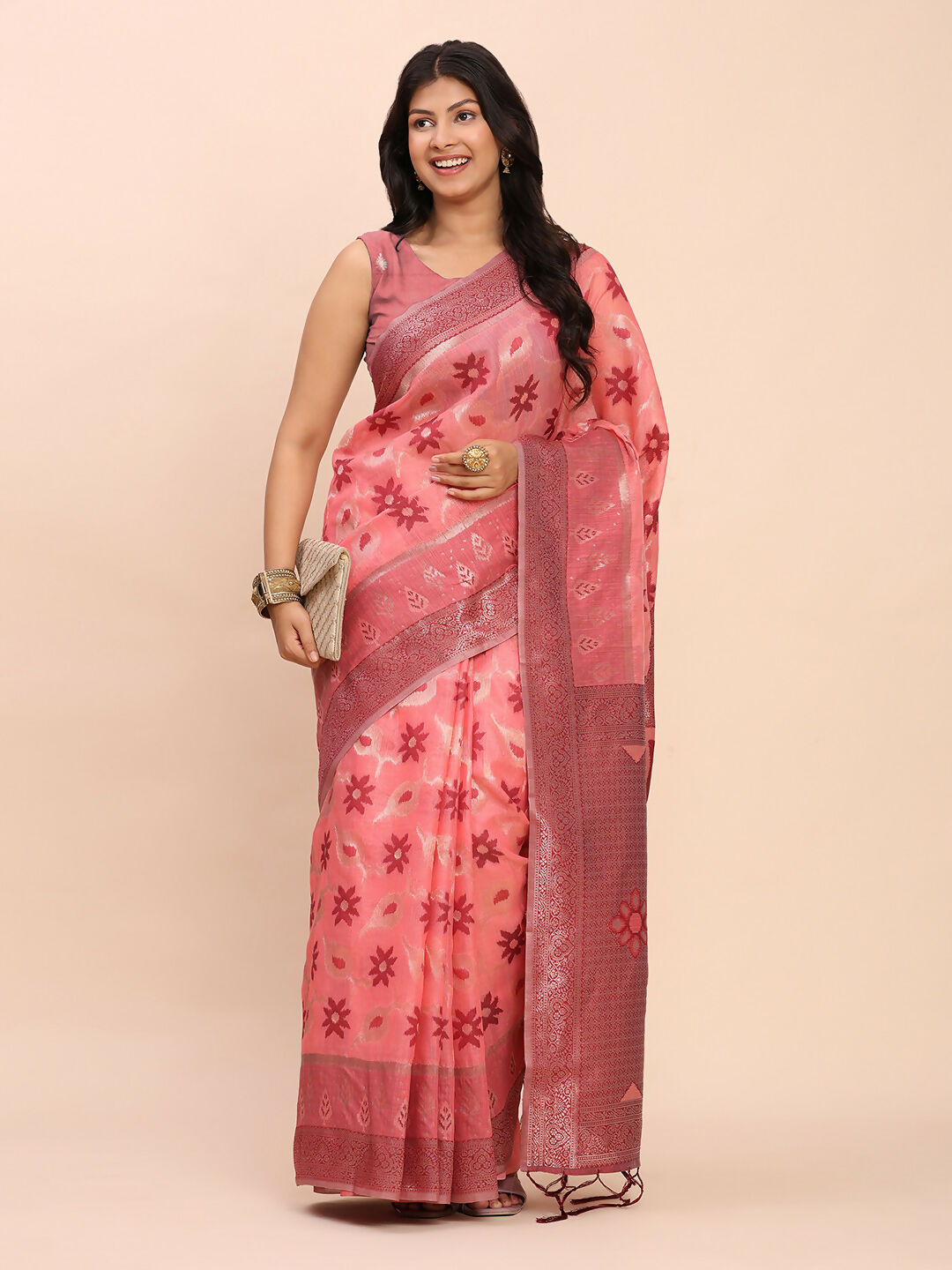 Peach Linen Cotton Saree with Matching Blouse Piece