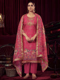 Magenta organza jacquard woven straight kurta set with muslin pants and matching dupatta.