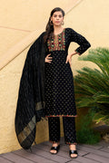 Black 14KG rayon knee-length kurta featuring decorative foil print and detailed embroidery