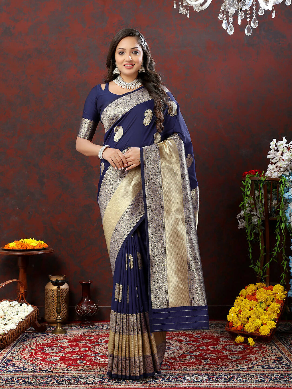 Navy blue soft silk saree featuring elegant gold zari weaving