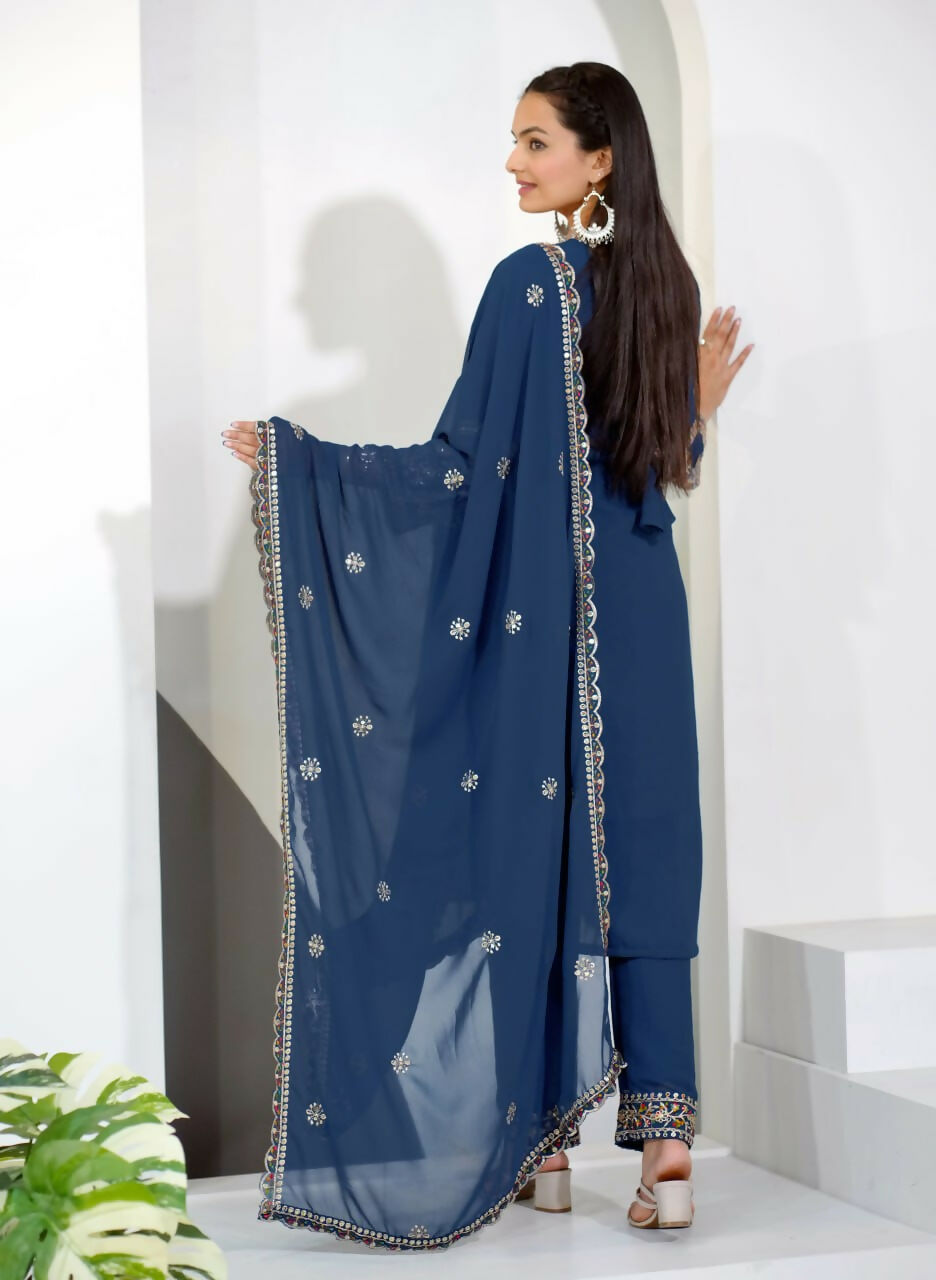 Blue Georgette Embroidered Kurti Set with Matching Pant & Dupatta
