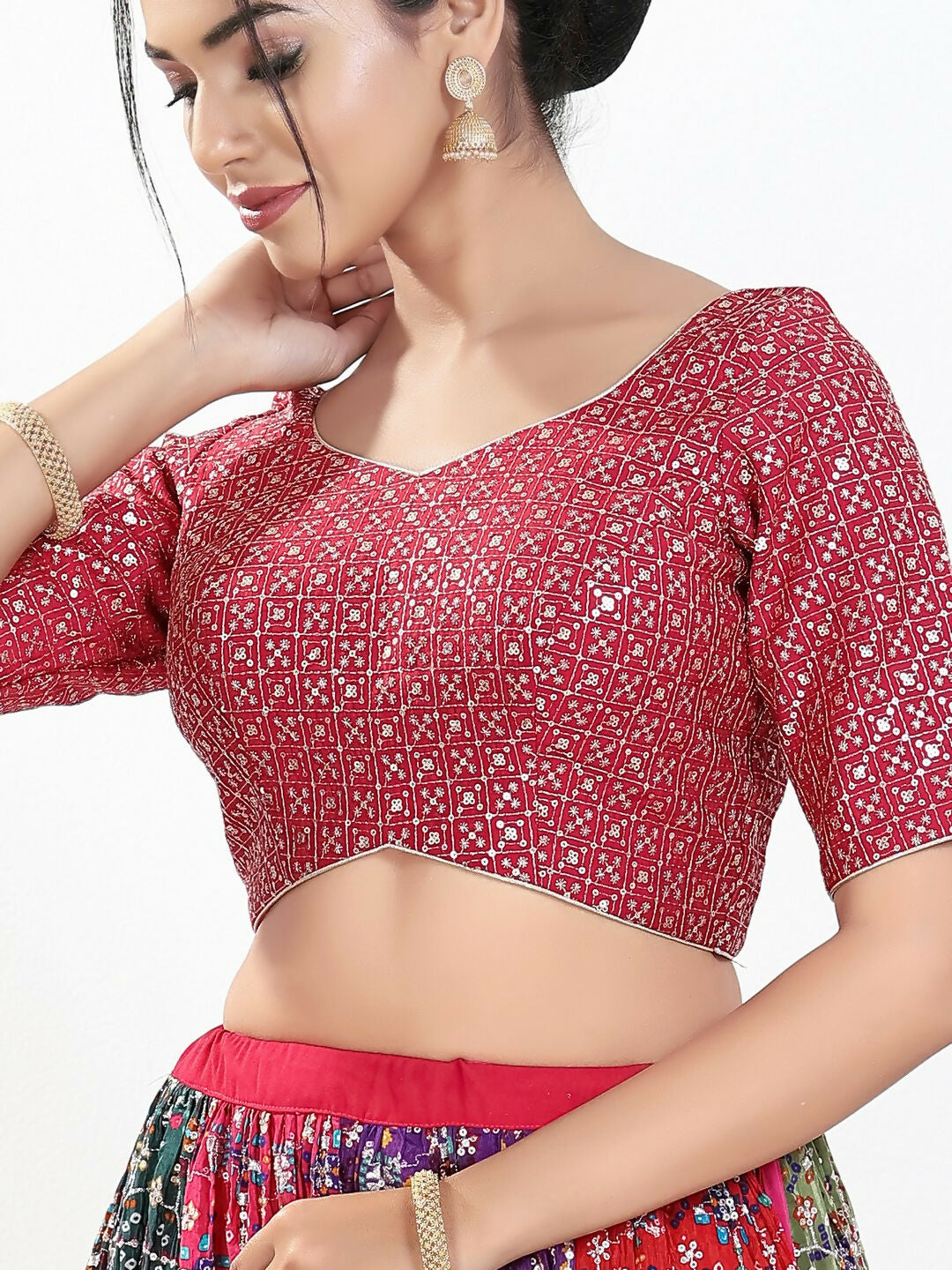 Pink Silk Padded Blouse with Sweetheart Neck and Elbow Sleeves