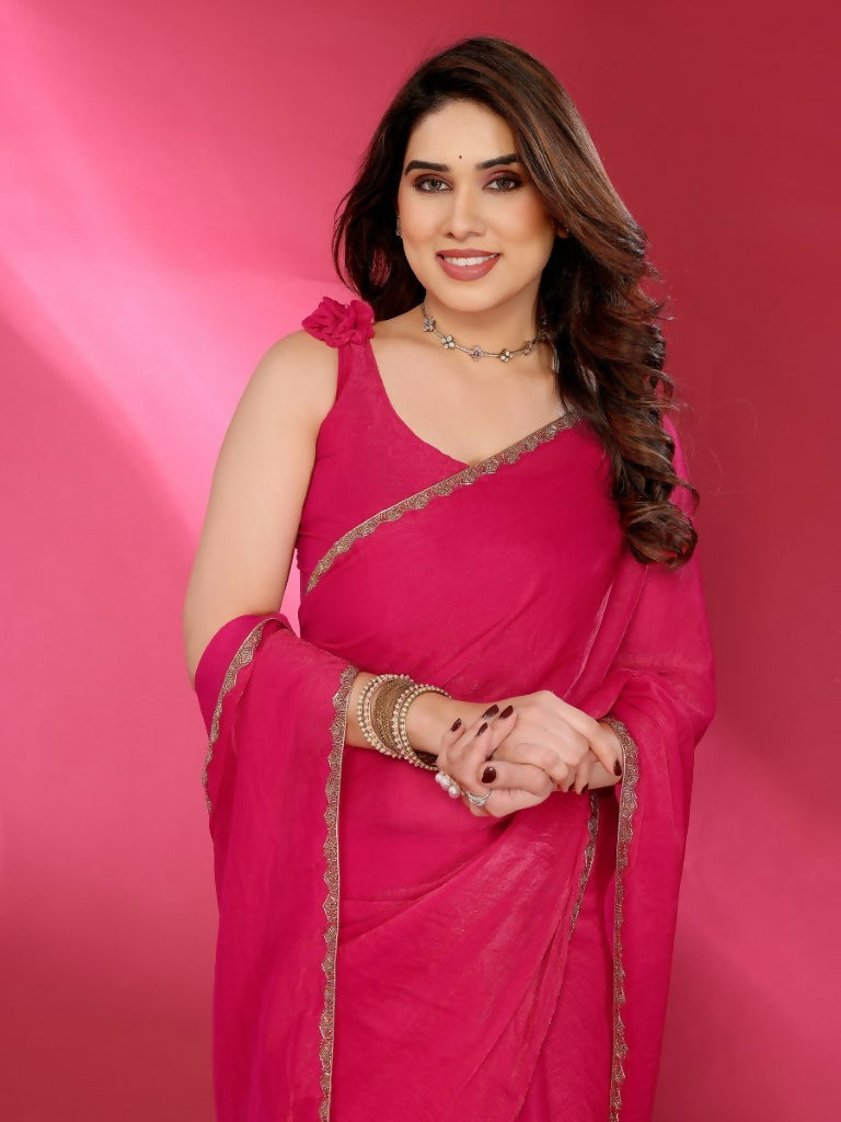 Pink Jimmy Choo fabric saree with intricate work lace border