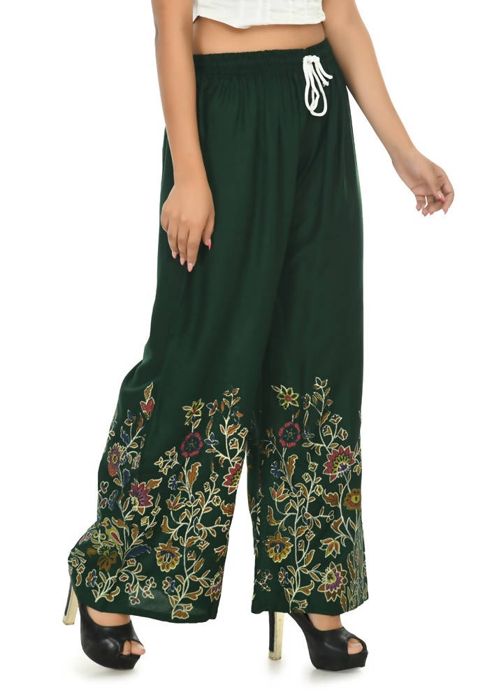 Bottle Green Floral Palazzo Pants in Soft Rayon Cotton Blend