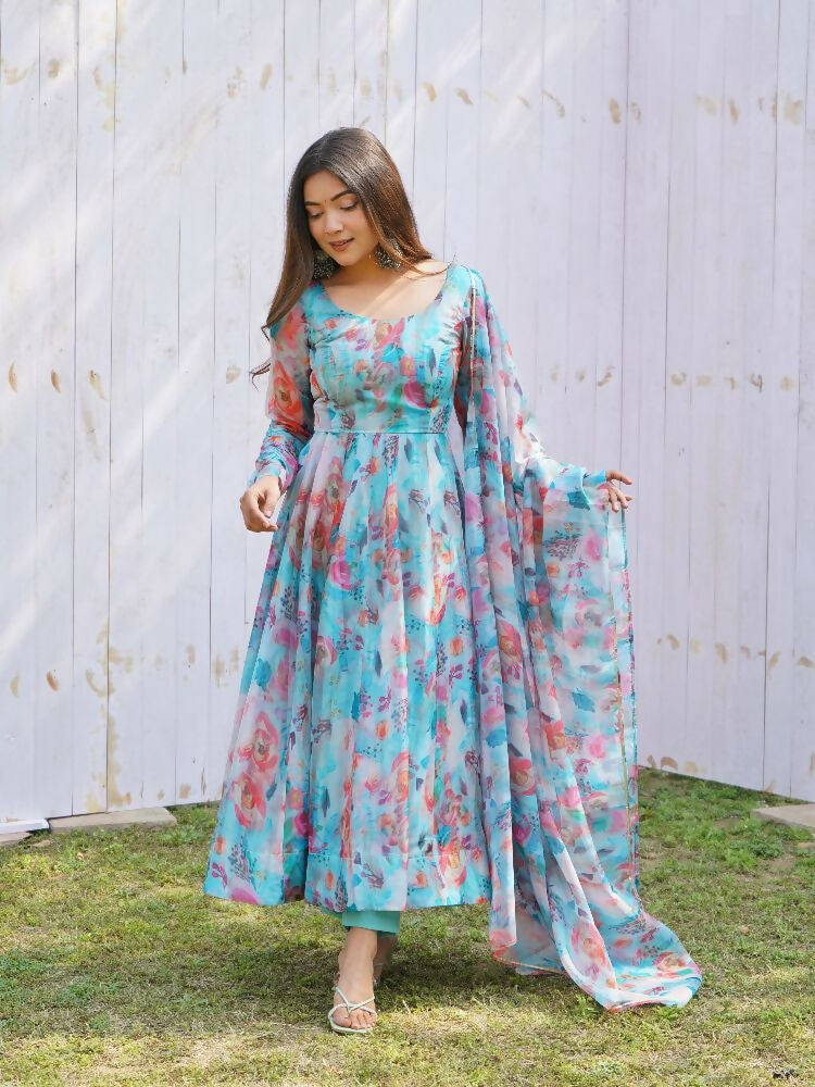 Sky Kurta Set in Organza with Sequin Embroidery and Cotton Bottom