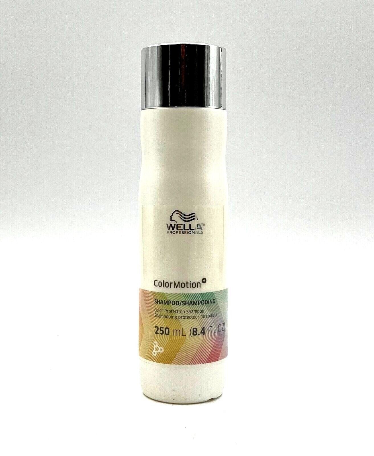 Wella ColorMotion+ Color Protection Shampoo bottle in white with silver cap and multi-colored label