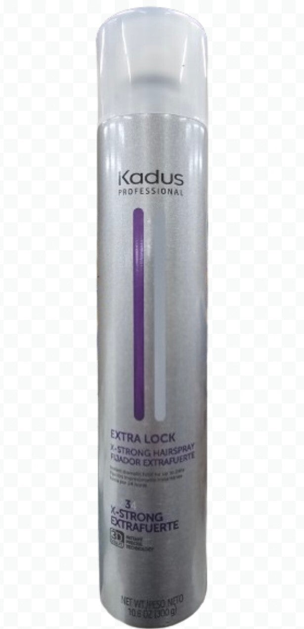 A 10.6 oz bottle of Kadus Extra Lock Hairspray for professional hair styling.