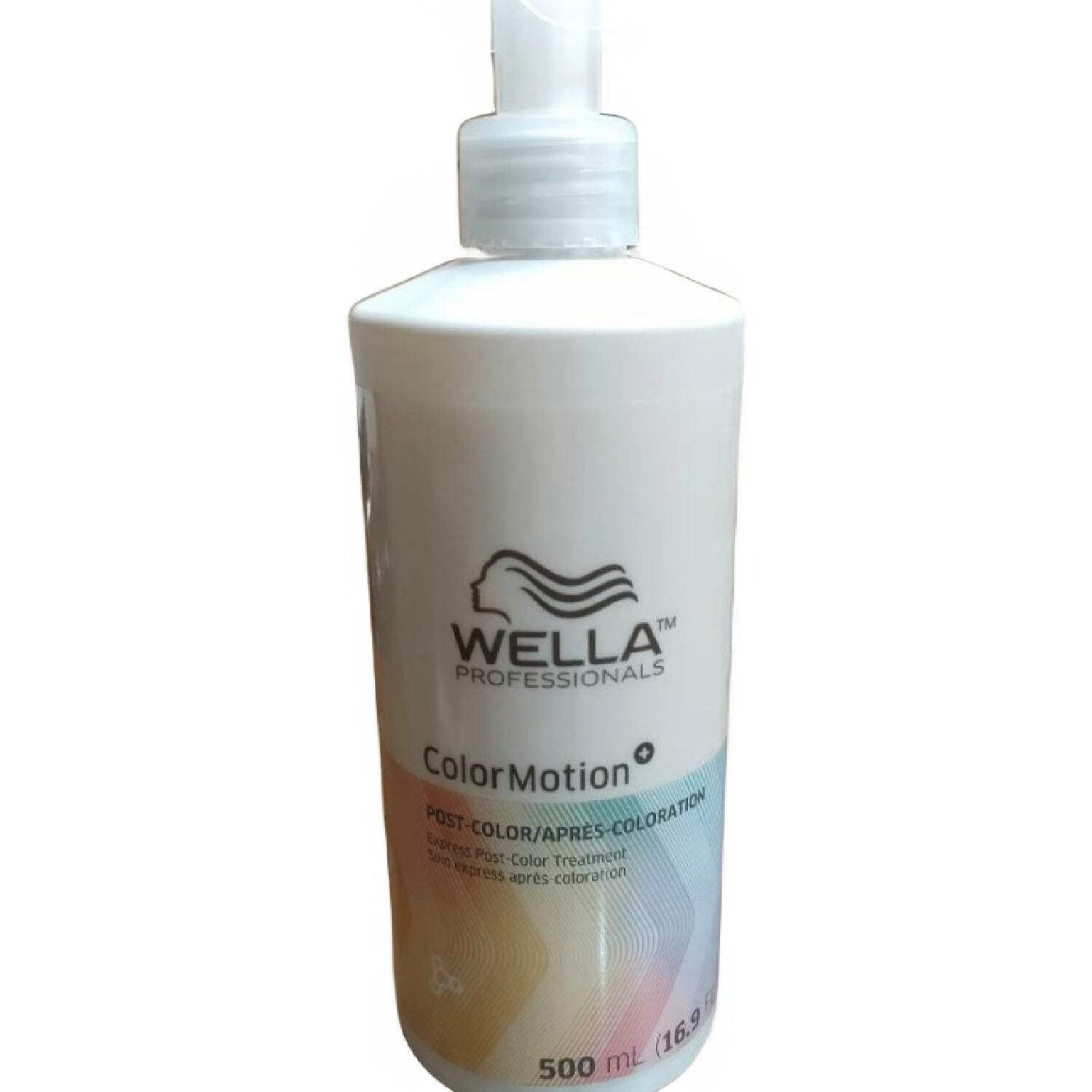 Wella ColorMotion+ Post-Color Treatment bottle in white, orange, and blue branding.