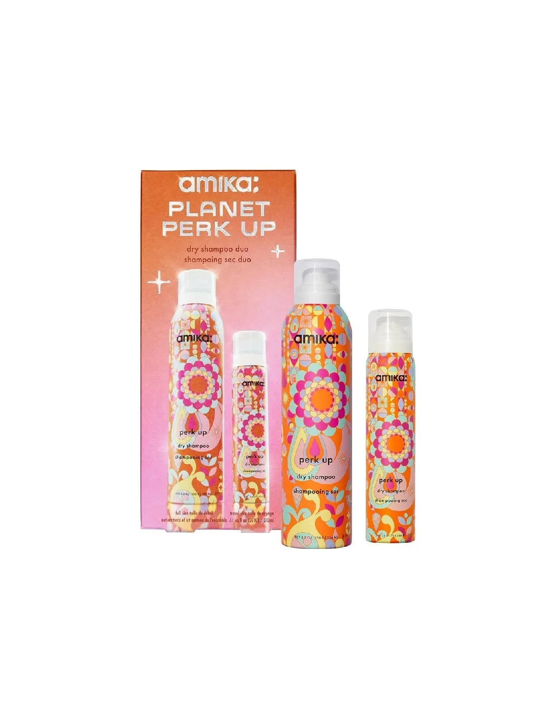 Amika Planet Perk Up dry shampoo duo in colorful packaging