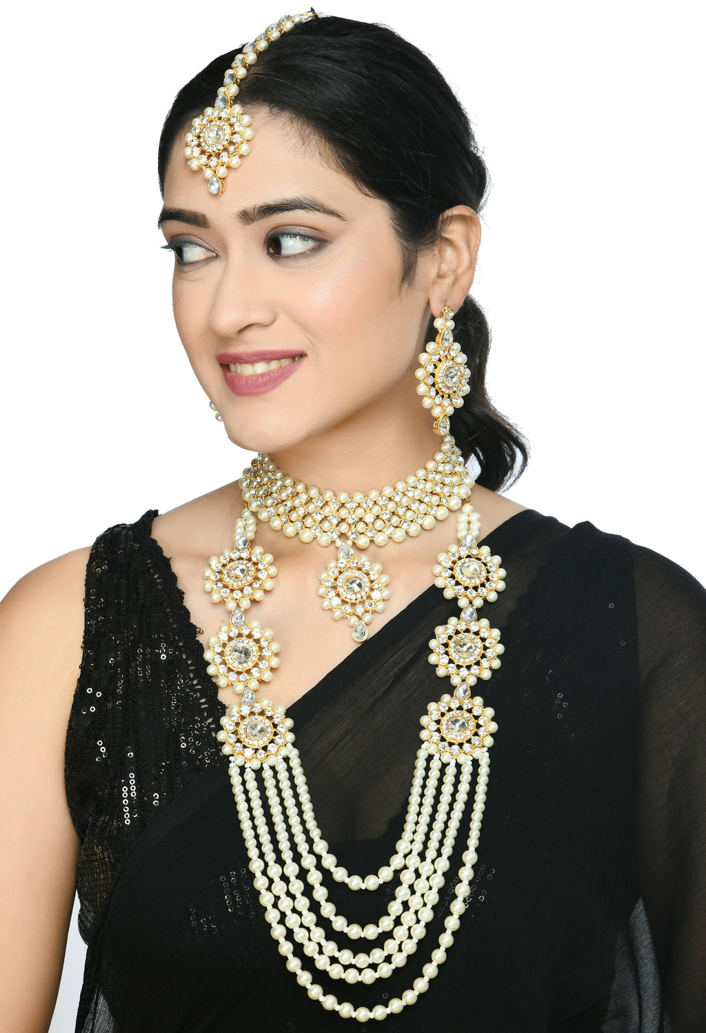 Gold-Polished Rani Haar Necklace Set with Off White Pearls & Kundan