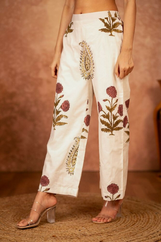 Off White Red Floral Hand Block Printed Cotton Kurta Pant Set