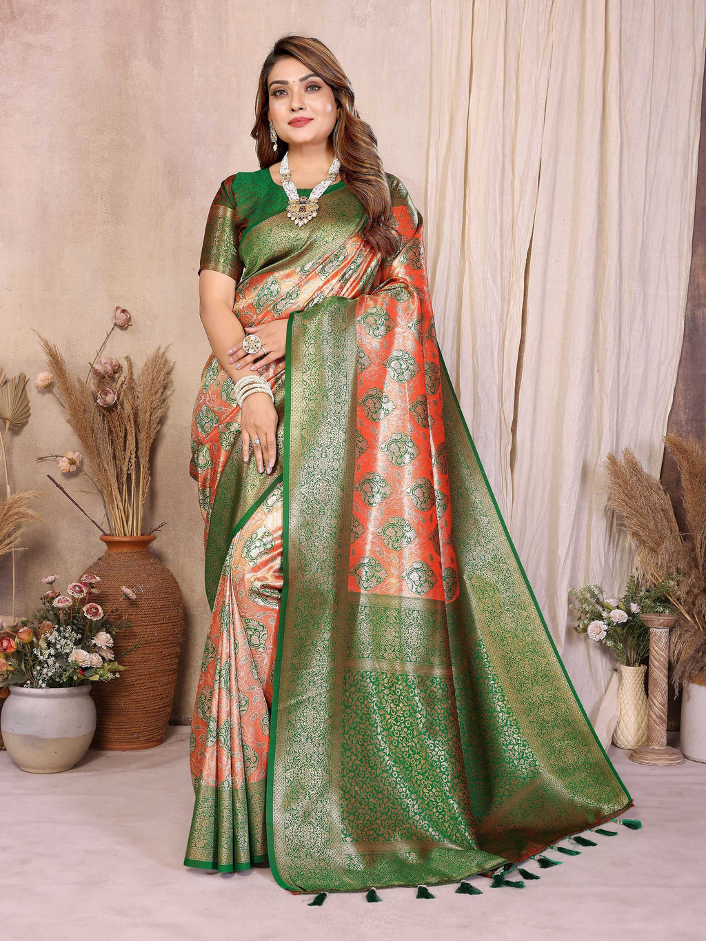 Red Banarasi Tissue Silk saree with intricate weaving patterns