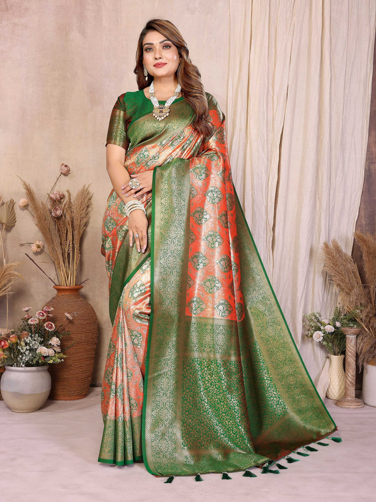 Red Banarasi Tissue Silk saree with intricate weaving patterns