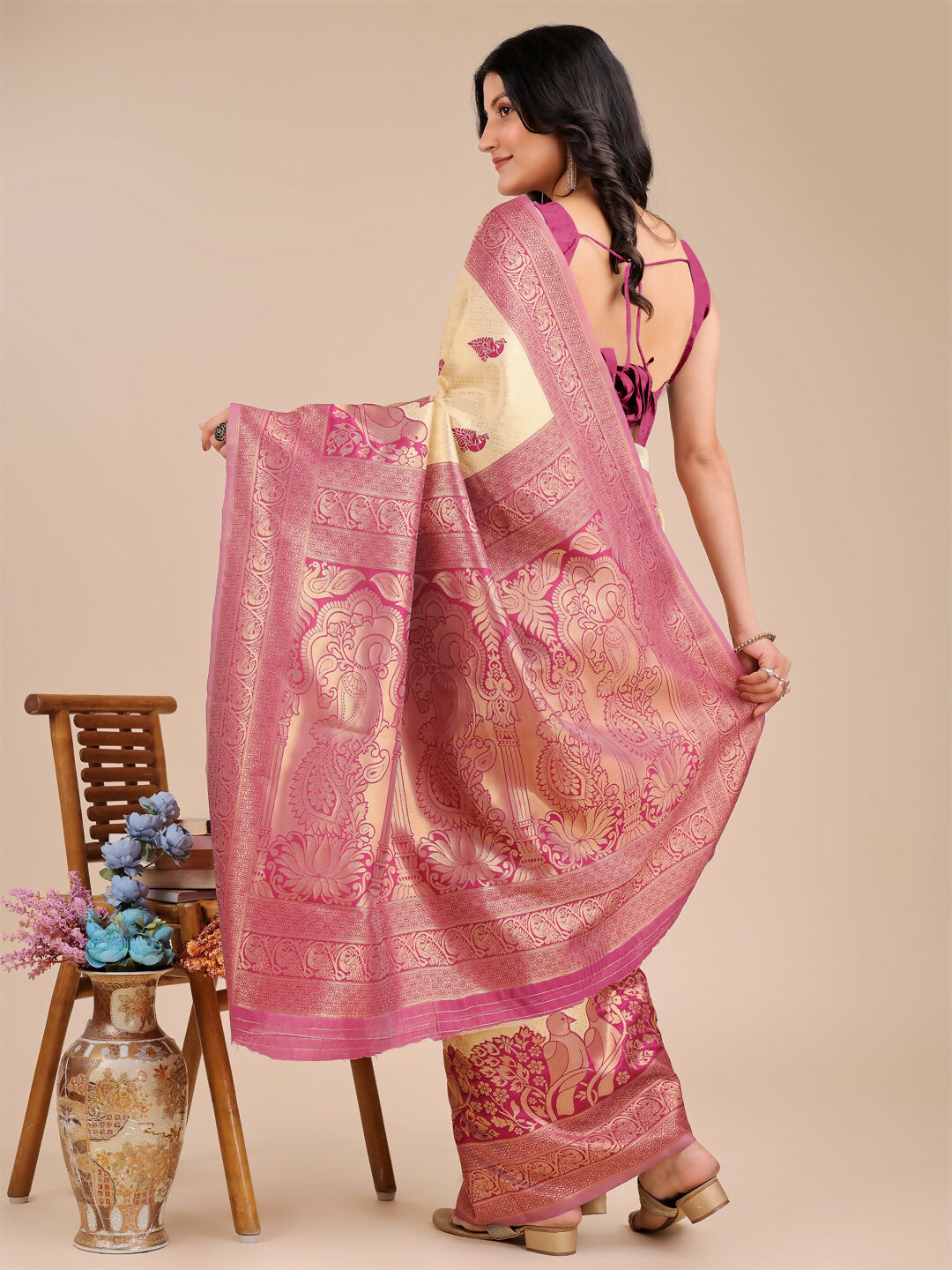 Banarasi Silk Saree in Cream & Magenta with Matching Blouse