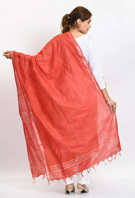 Red Linen Cotton Dupatta with Shimmering Silver Border