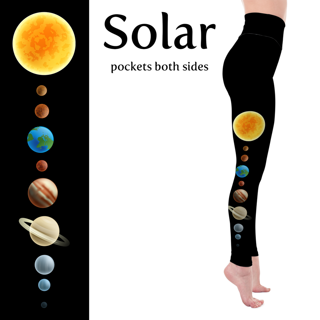 Black leggings with a solar system print running down the side and side pockets.