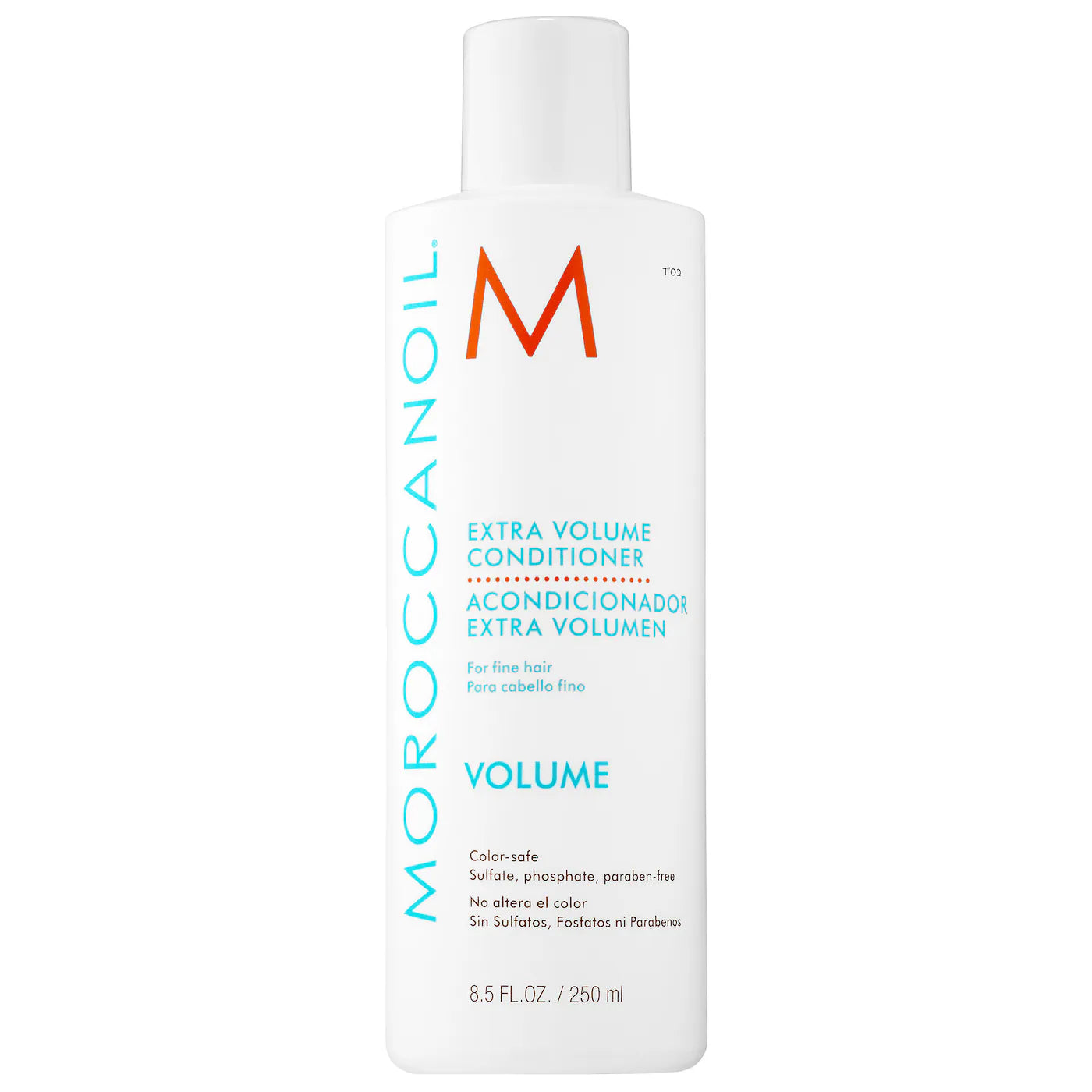 White and blue bottle of Moroccanoil Extra Volume Conditioner for fine hair.