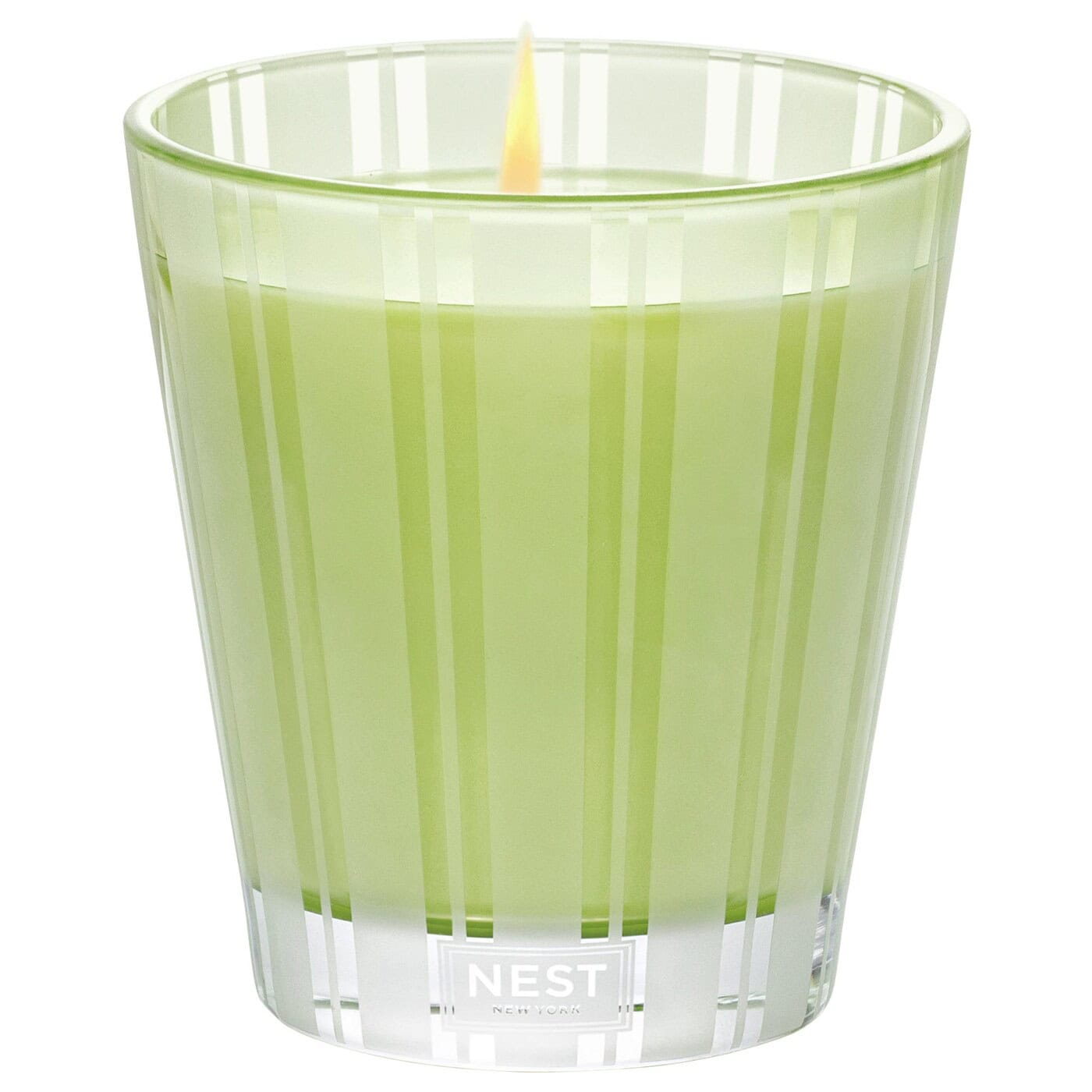 Modern minimalist striped glass candle featuring Lime Zest and Matcha fragrance.