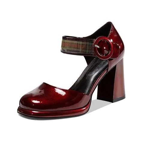 Women's Burgundy Patent Leather Block Heel Pumps with Plaid Strap - Image 4