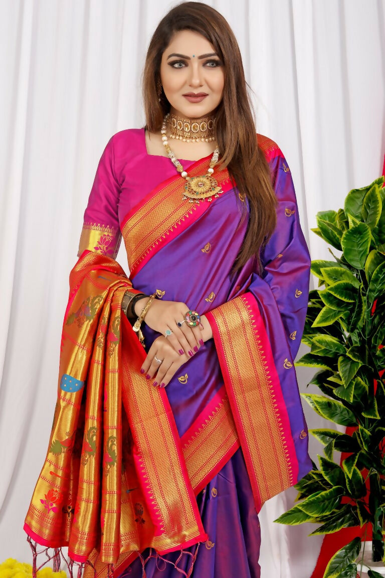 Purple Paithani Silk Saree with Magenta Blouse