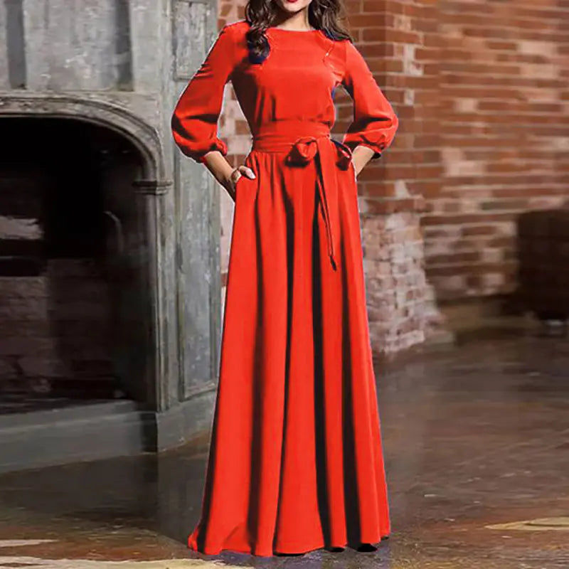 Women's Round Neck Long Sleeve Maxi Dress with Waist Tie - Image 12