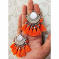 Half moon Chandbali earrings with orange silk thread and mirror tassels