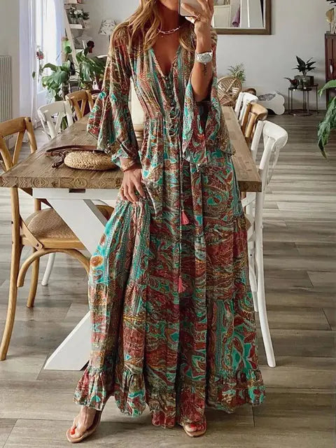 Women's Bohemian Floral Maxi Dress - V-Neck