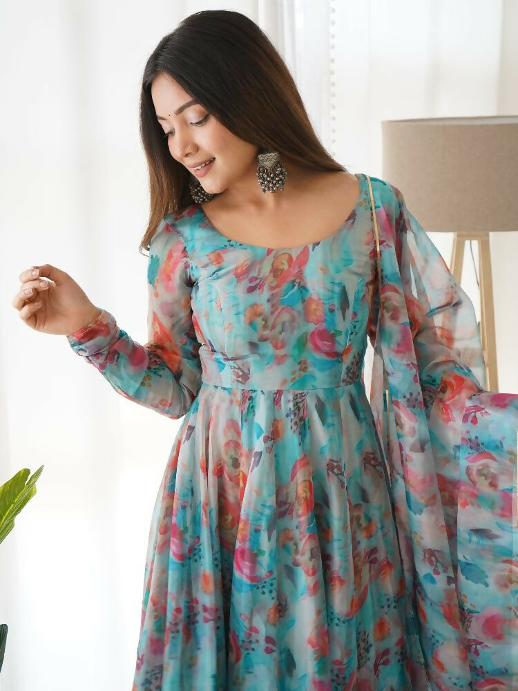 Sky Kurta Set in Organza with Sequin Embroidery and Cotton Bottom