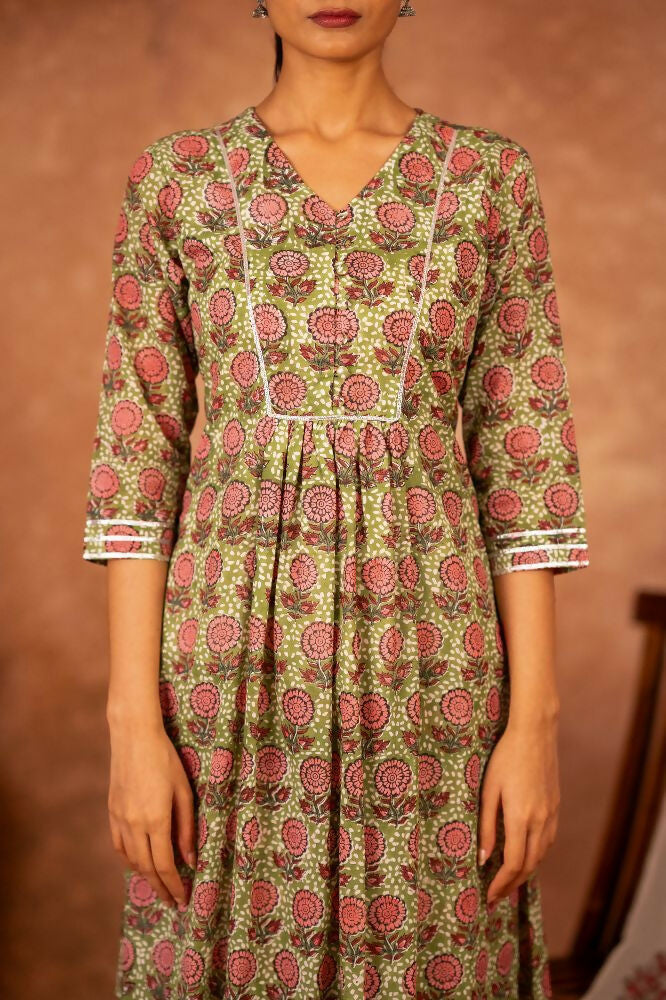 Green Hand Block Printed Cotton Suit Set for Women