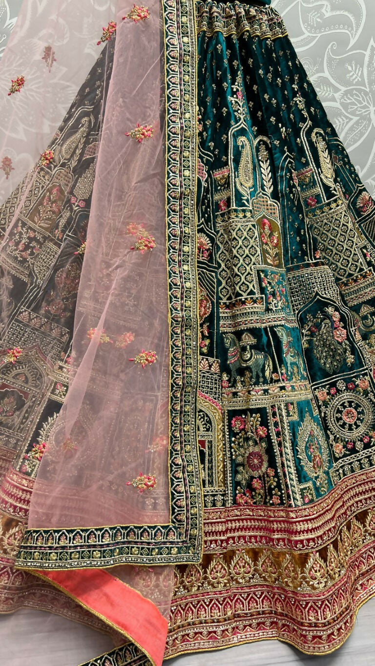 Teal Green Velvet Wedding Lehenga Choli with Dori and Sequins