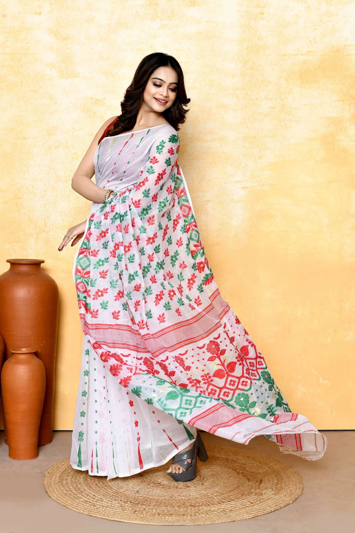 White Embellished Cotton Blend Jamdani Saree for Women